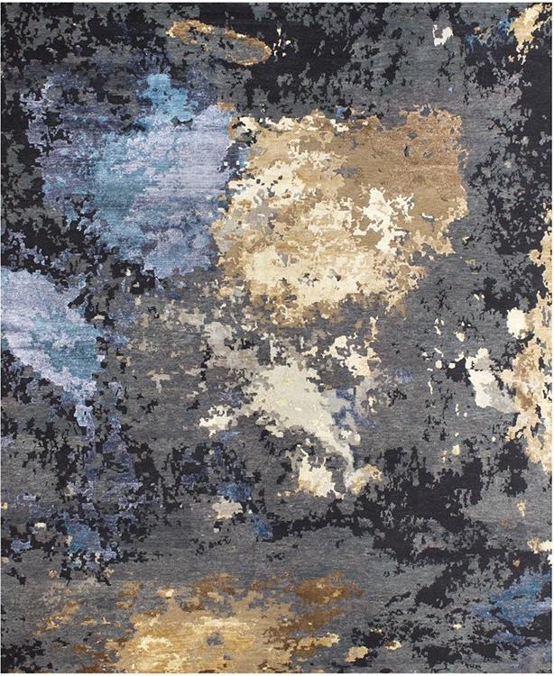 Abstract Charcoal Blue Gold Rug | Size: 250 × 300 cm