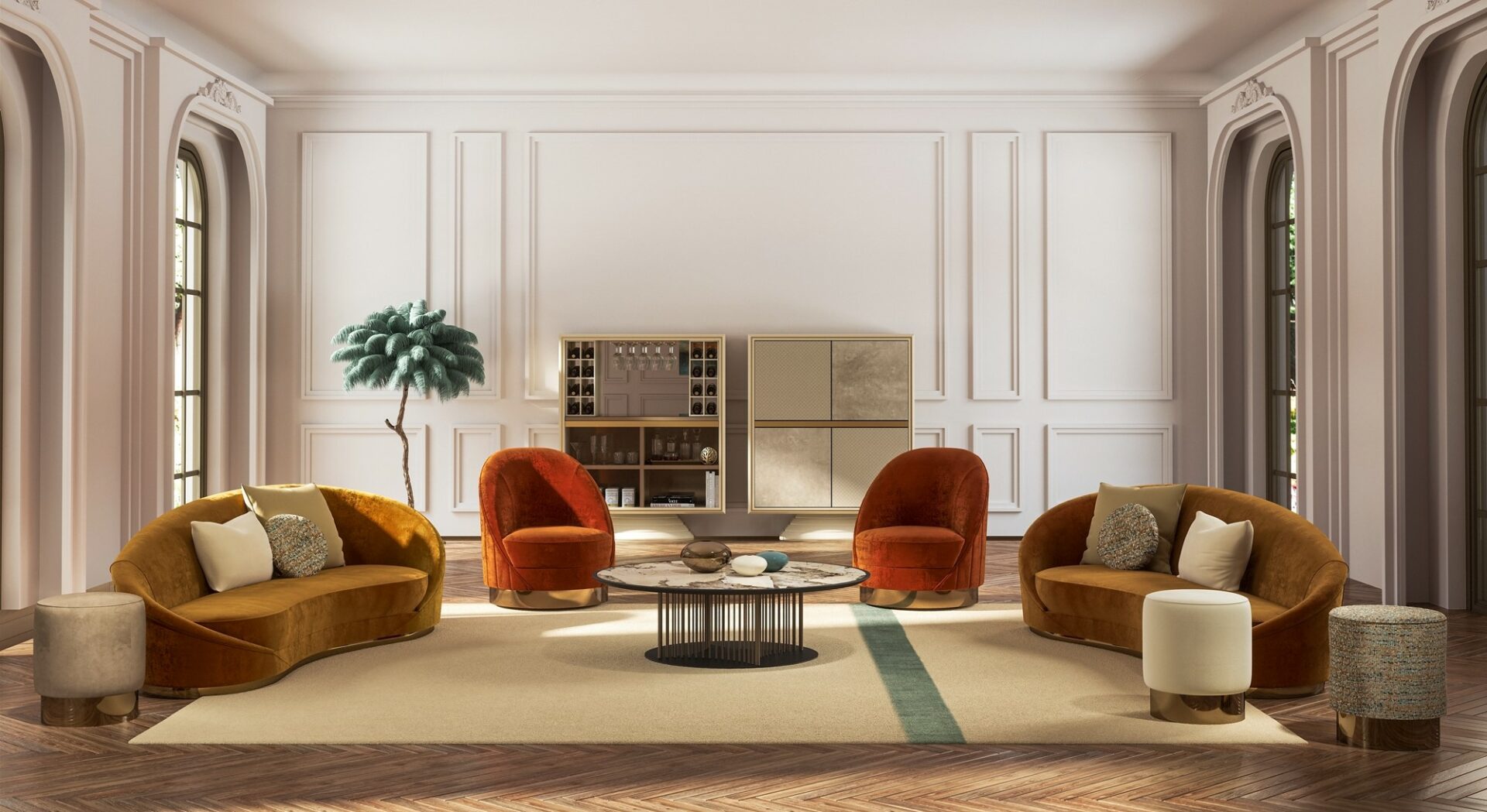 أريكة منحنية ذات تصميم نحتي
