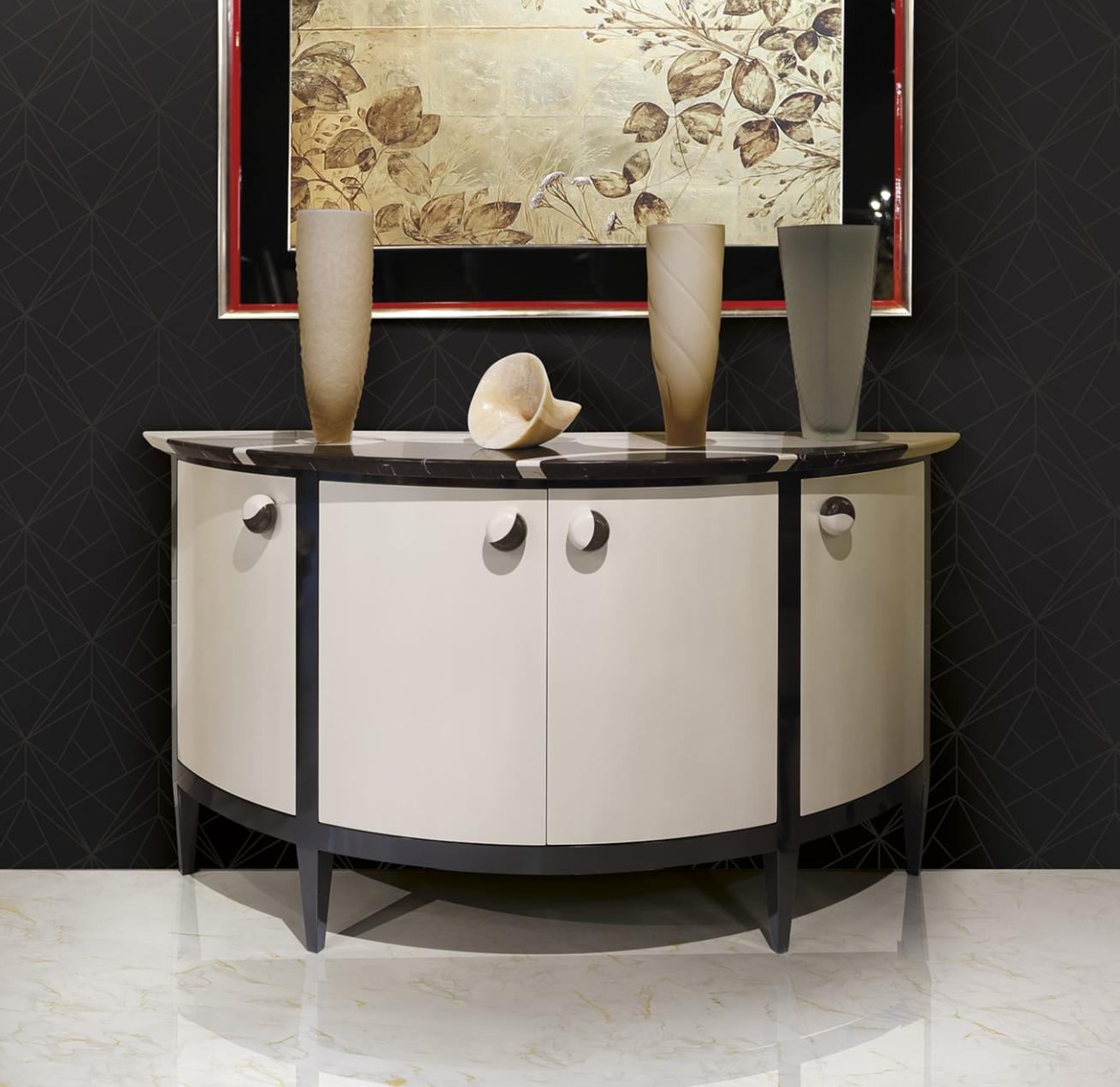 Curved Console with Marble Top and Lacquered Base