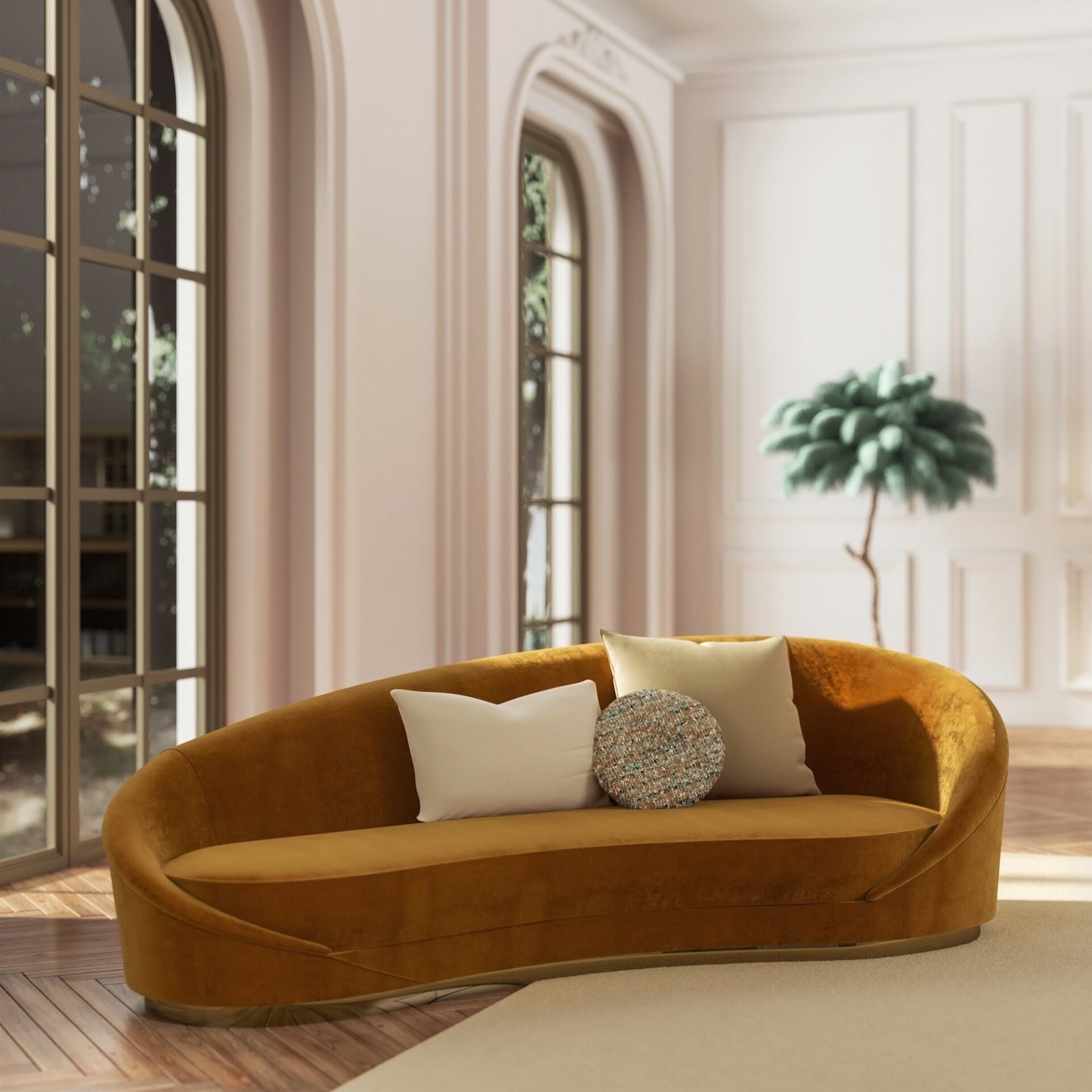 أريكة منحنية ذات تصميم نحتي