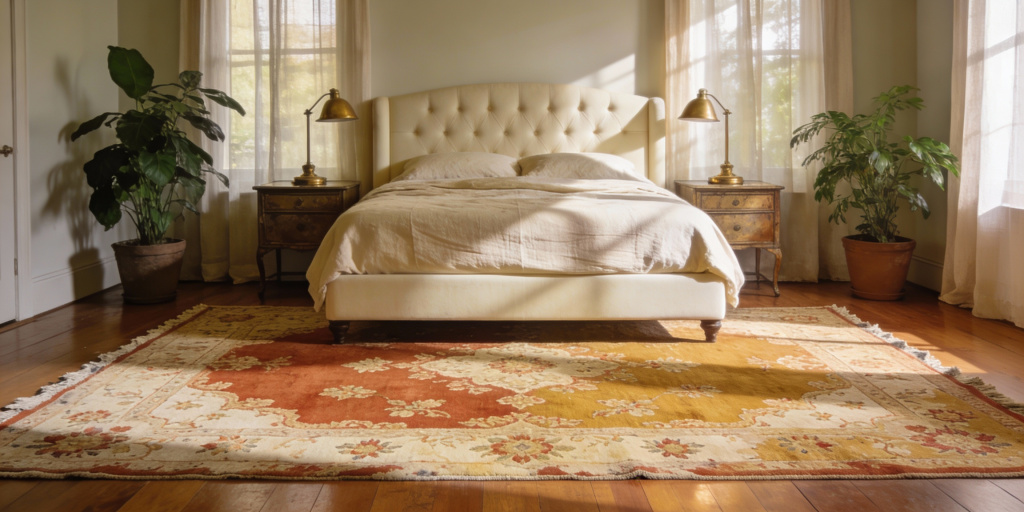 Oushak rug in a bedroom with natural light