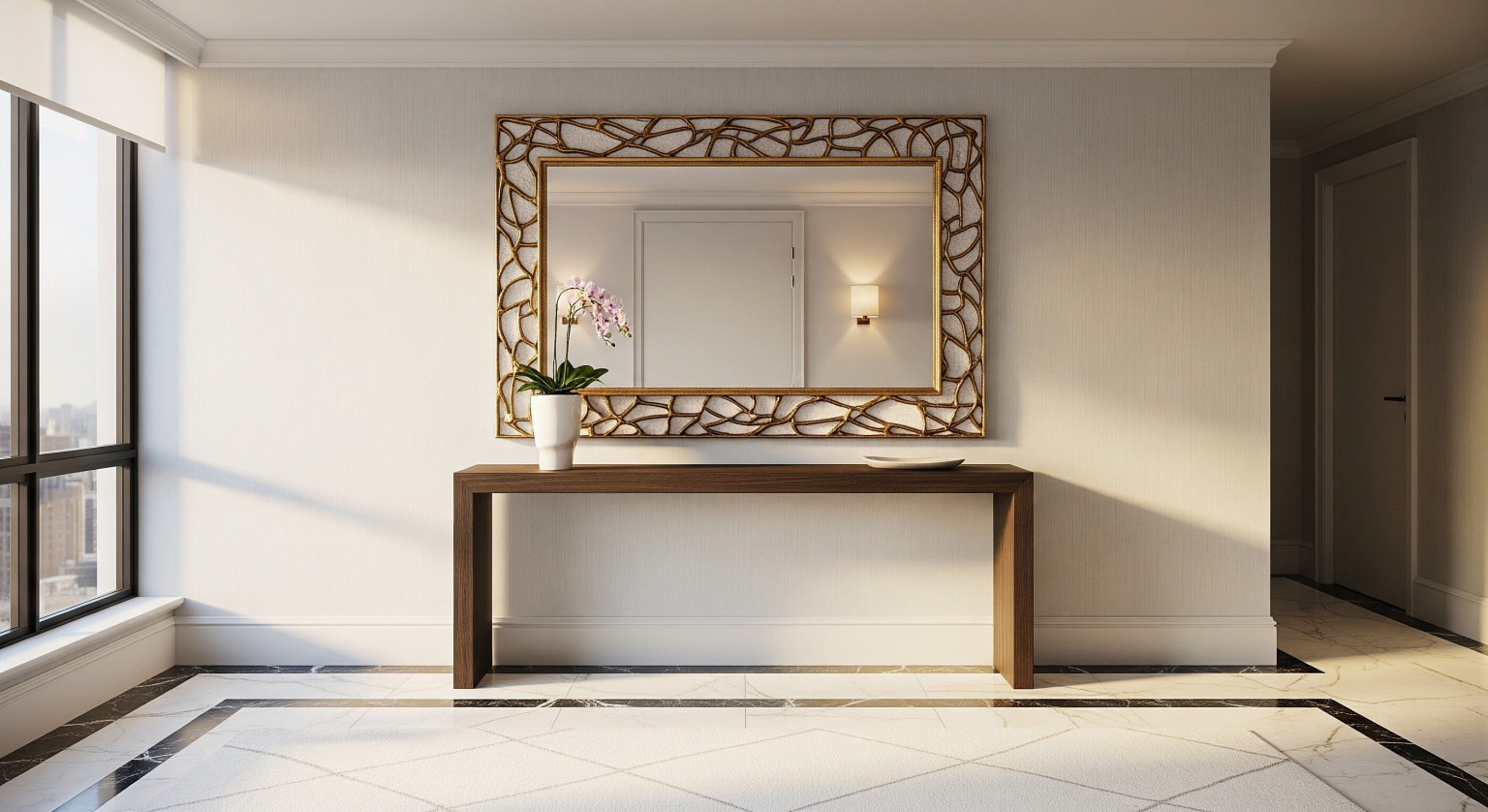 Minimal entryway with console table and mirror