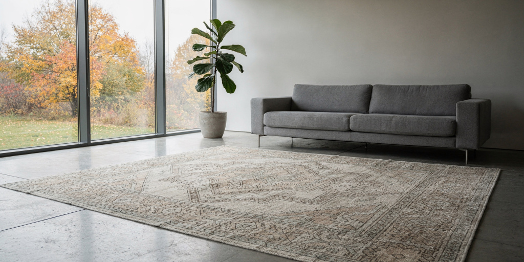 Oushak rug in a neutral living room
