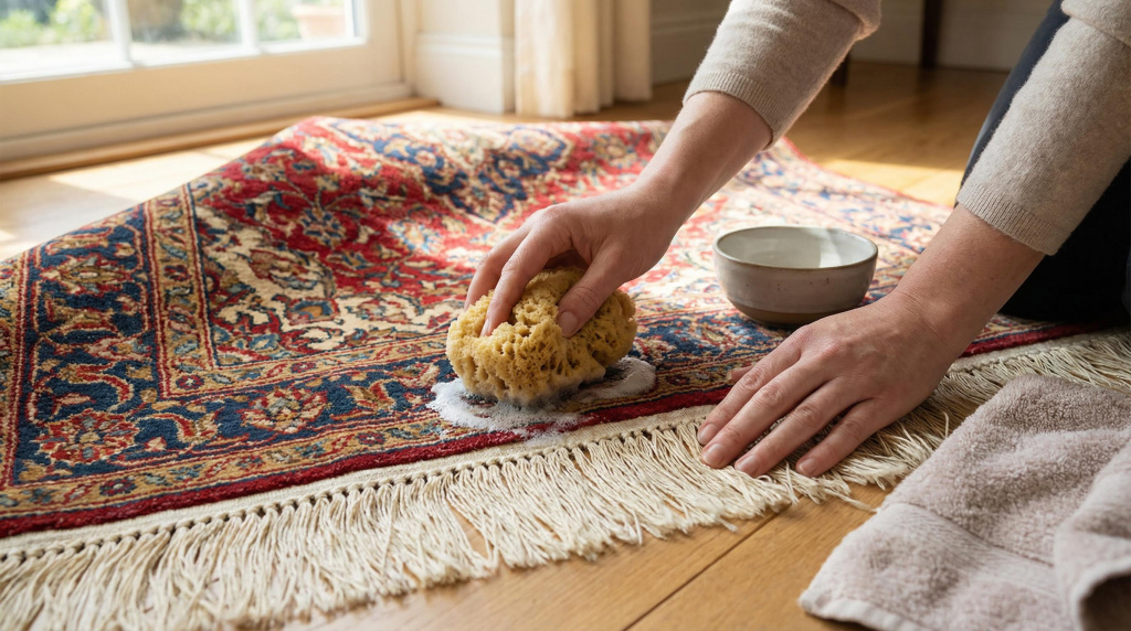 Gently washing Persian rug fringe with sponge