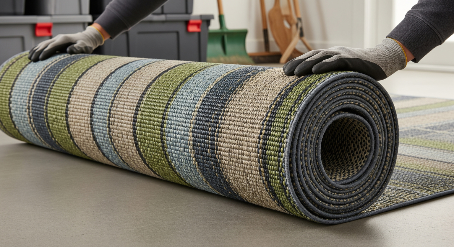 Outdoor rug being rolled tightly with the pile facing inward for winter storage