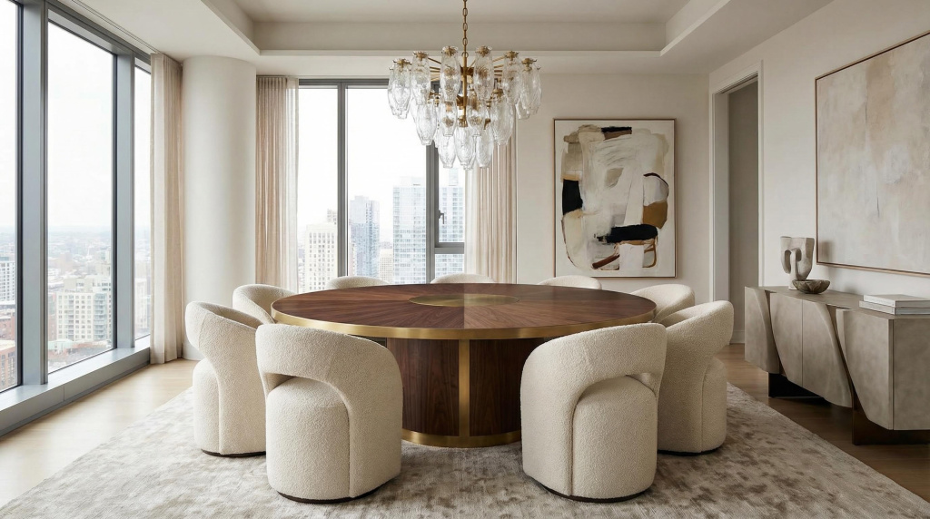 Round luxury dining table with plush chairs in a modern dining room