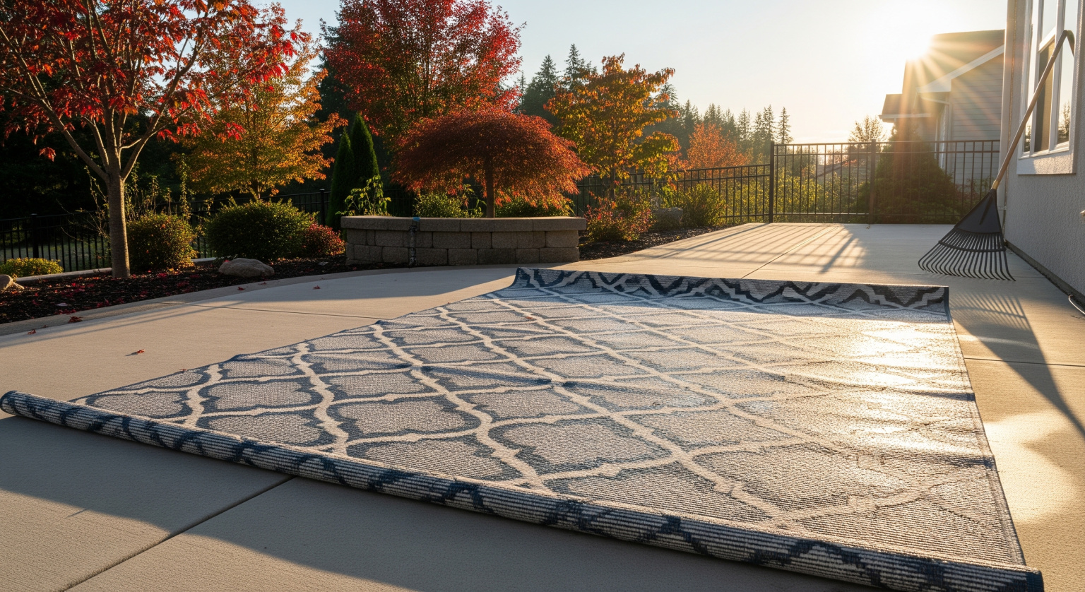 Outdoor rug laid flat and drying after being washed before winter storage
