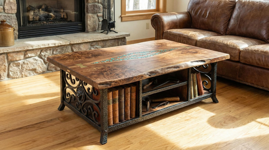 Wood and metal coffee table with decorative accents