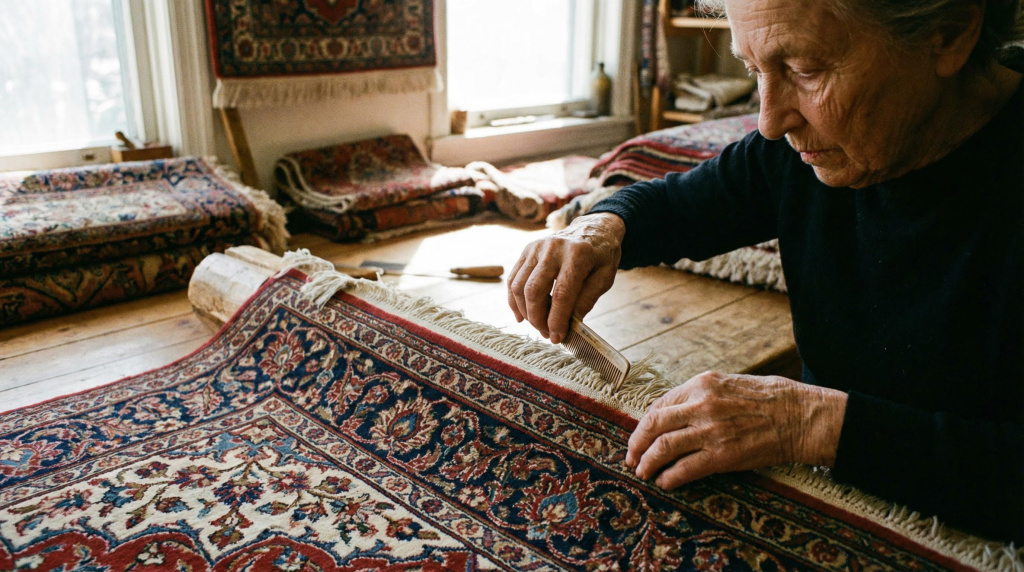 Carefully combing Persian rug fringe