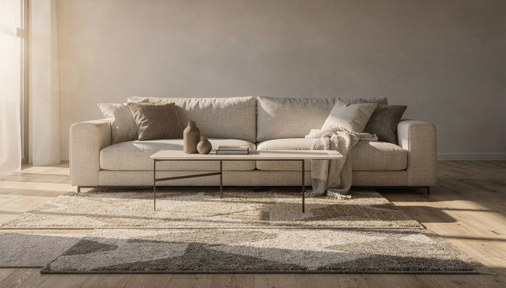 Layered neutral rugs paired with beige sofas in softly lit living rooms