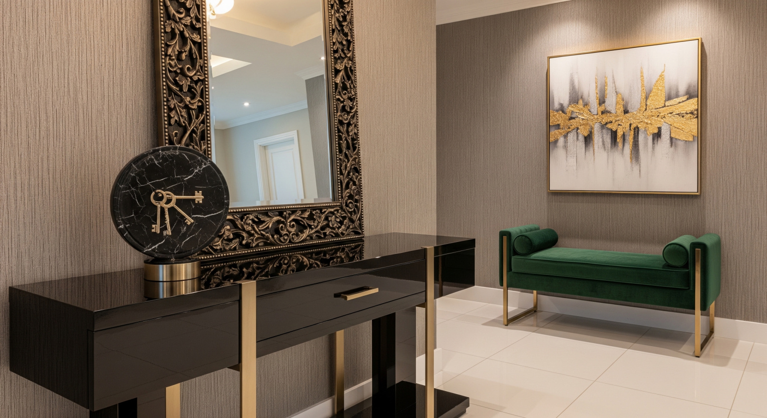 Entryway furniture materials and finishes detail