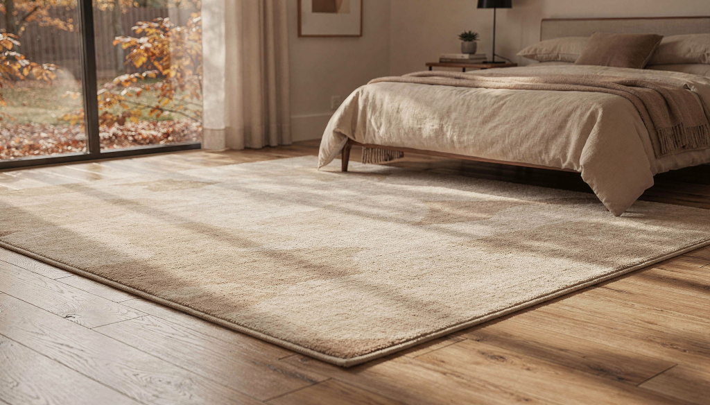 Soft neutral viscose rug placed in a calm, low-traffic bedroom setting