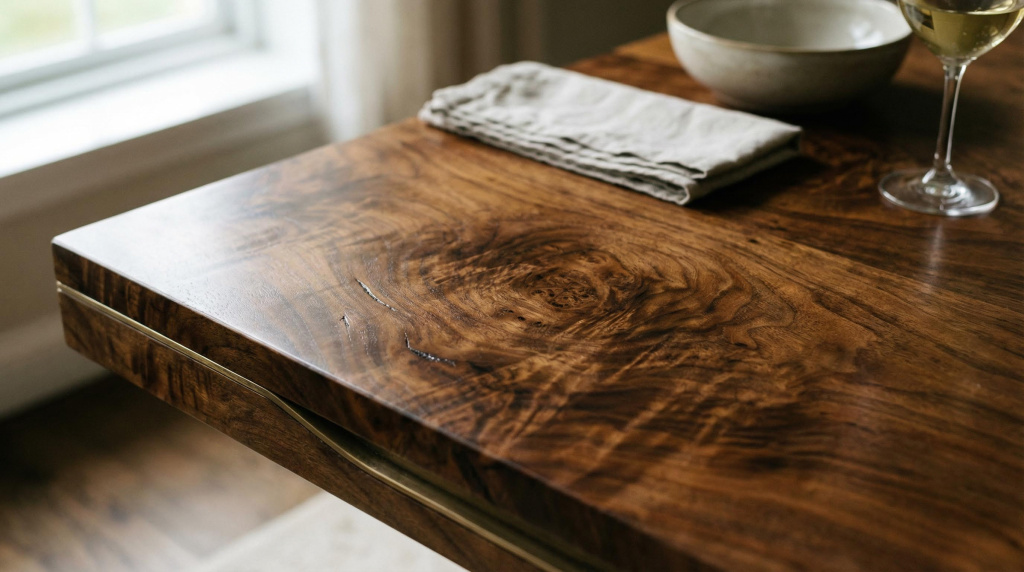 Close-up of luxury wood dining table surface