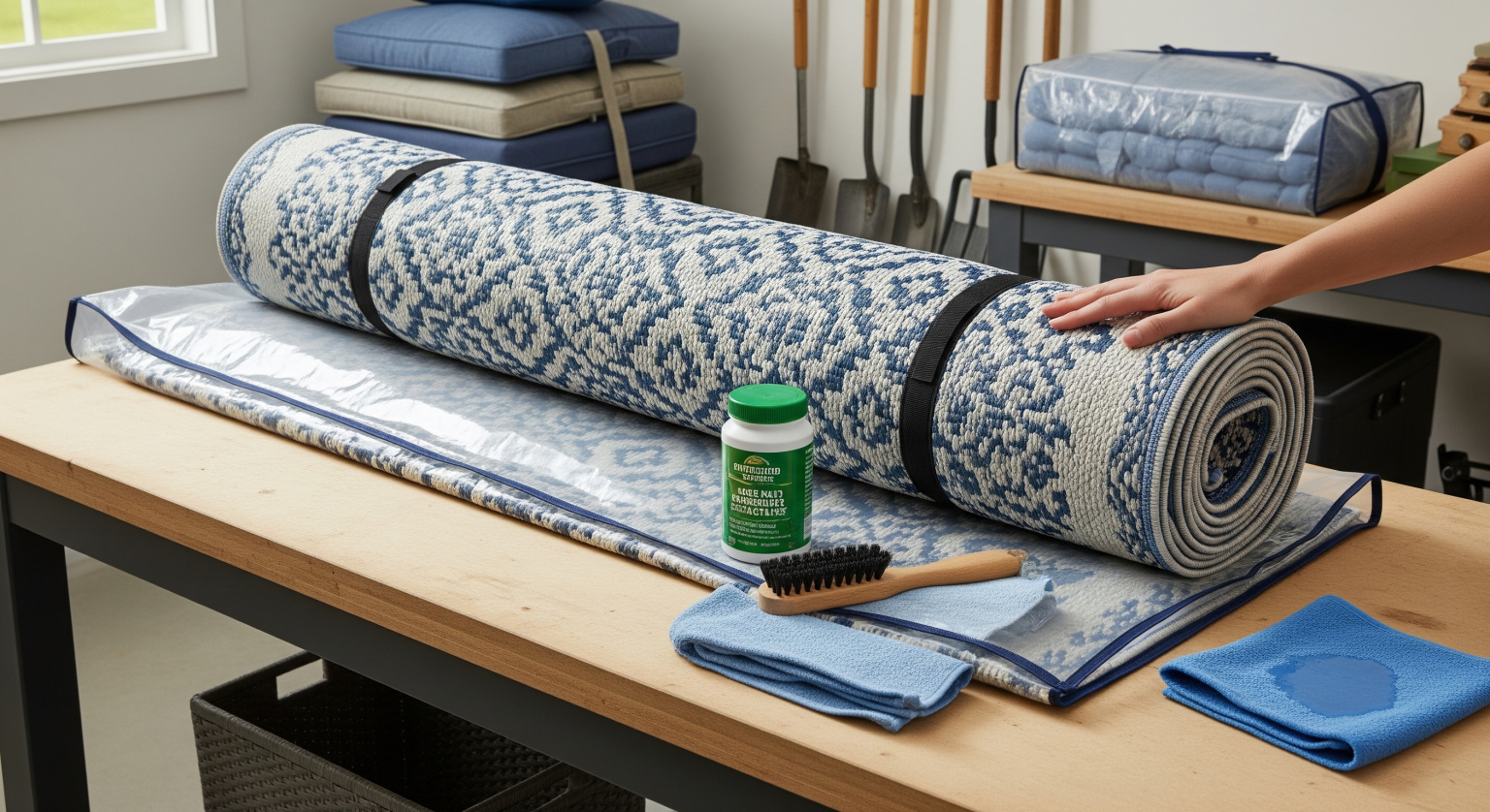 Rolled outdoor rug stored in a dry, well-ventilated indoor space for winter protection