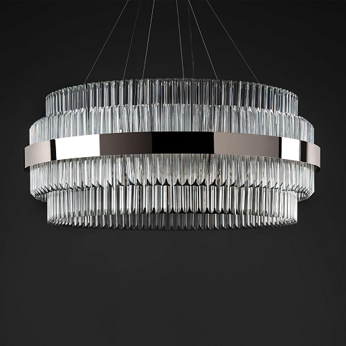 Modern Round Polished Nickel Chandelier with Triedro Glass