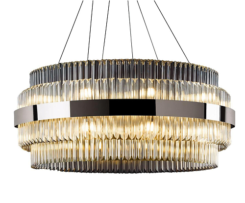 Modern Round Polished Nickel Chandelier with Triedro Glass